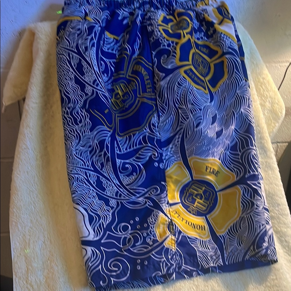 Manuhealii Navy and Mustard Graphic Shorts